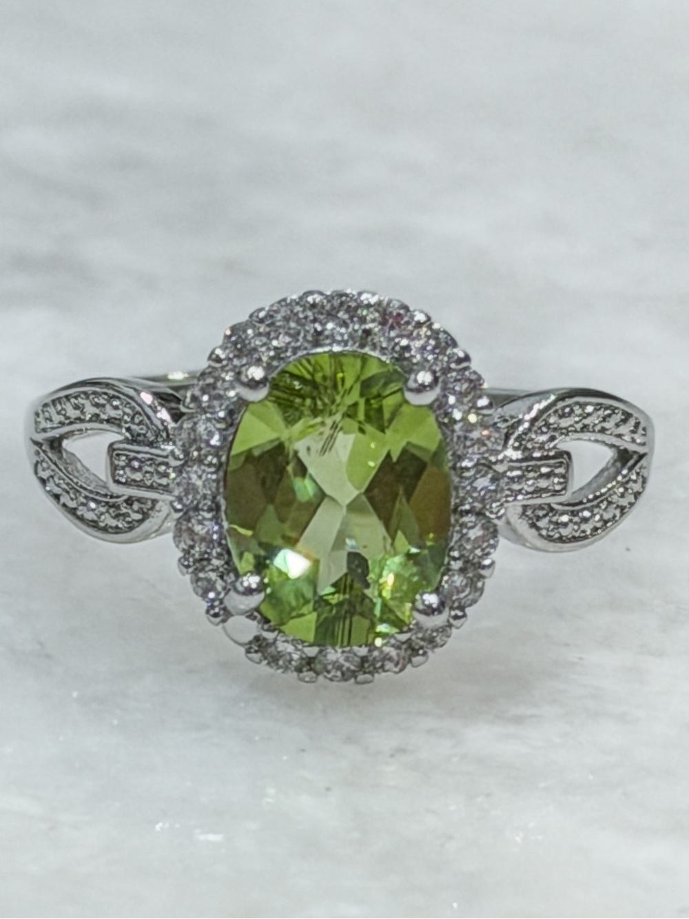 Peridot and Diamond (sim) Silver Halo Adjustable Ring